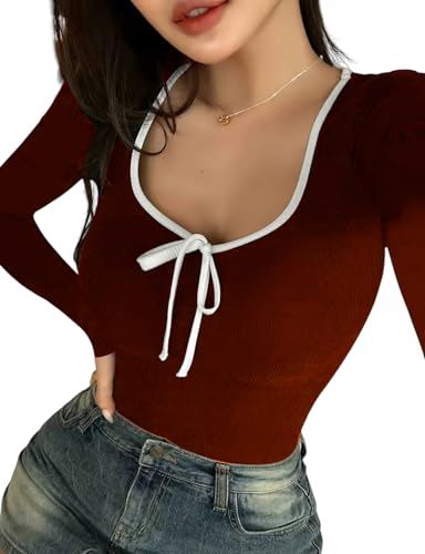 Image of Black Slim Fit Scoop Neck Top, Long Sleeves Top for Women,Front Knot Top