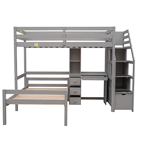 MERITLINE Twin Over Twin Bunk Bed with Desk and Storage,Solid Wood L Shaped Bunk Bed with Storage Shelves,Stairs and Drawers,for Teens Adults (Grey)