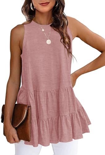 HAEOF Women's Summer Sleeveless Peplum Babydoll Tops Casual Crew Neck Flowy Loose Fit Tunic Tank Shirts(Pink, M)