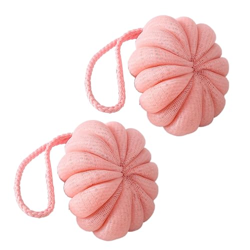 NIOIPXA パンプキン型バスヘチマスポンジ ストラップ付き 3.9インチ 泡立ち&角質除去 バススポンジ ソフトボディウォッシュスクラバー (2xピンク)