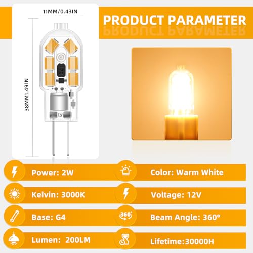 12 Pack 2W G4 LED Bulbs, 12V AC/DC Warm White 3000K Bulb, Replacement 20W Halogen Bulb, 200LM - Image 2