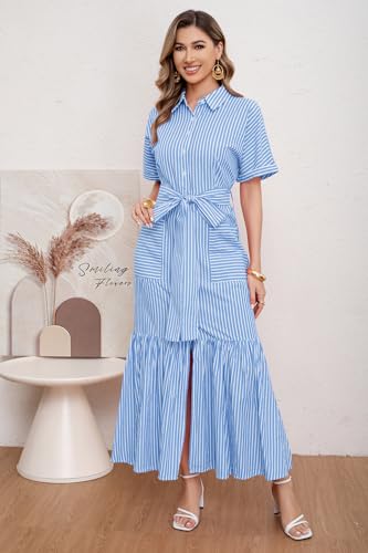 Image of utcoco Women's 2026 Summer Casual Striped Button Down Maxi Dress Tie Waist Short Sleeve Shirt Dress with Pockets