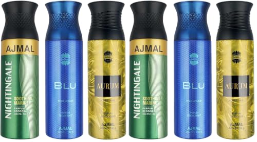 Image of Ajmal 1 Nightingale for Men & Women, 1 Blu Homme for Men and 1 Aurum Femme for Women Deodorants each 200ML Combo pack of 6 (Total 600ML)