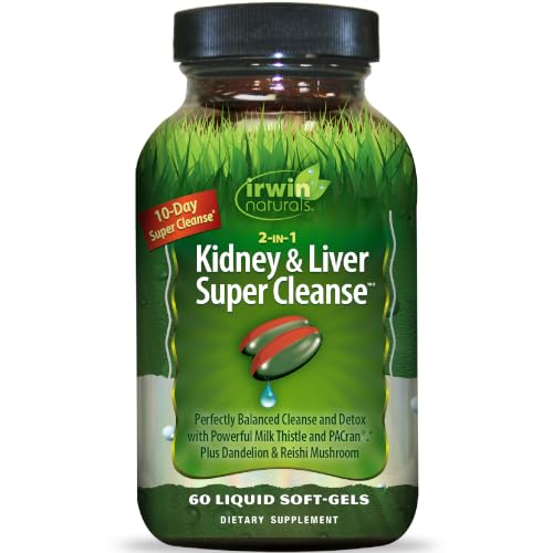 Irwin Naturals 2-in-1 Kidney & Liver Super Cleanse (10-Day) - Balanced Liver Detox & Kidney Cleanse - Milk Thistle Dandelion Root & Reishi Mushroom - Whole-Body Detox Formula - 60 Liquid Soft-Gels
