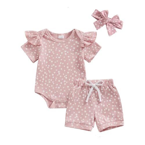Image of Gobuuly Infant Baby Girl Clothes Newborn Summer Outfits Floral Ribbed Knit Short Sleeve Romper Shorts Set with Headband (Pink,3-6M)