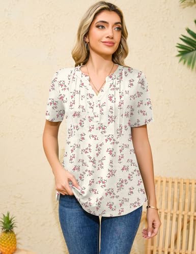 Rapbin Short Sleeve Shirts for Women Pleated V Neck Lace Blouses Dressy Casual Elegant Tops Loose peasant Summer T-Shirts4