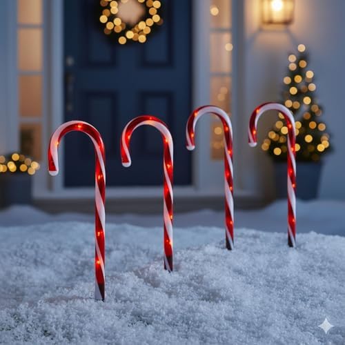 Taylor & Brown 4 Pack Candy Cane Christmas Lights Pathway Lighting Lawn Patio Garden Stake Lights Marker Festive Indoor Outdoor Decorations Battery Powered. (Red)