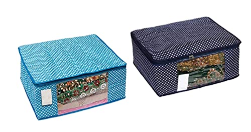 Image of Dress Organizer|Dress Clothe|Cotton Saree Cover Closet Orgnizer /Saree Bags for Wardrobe Orgnizer Clothe Covers|Dress Cover with Zip|Clothe Cover Bag with Zip (Pack of 2, SkyBlue + Blue)