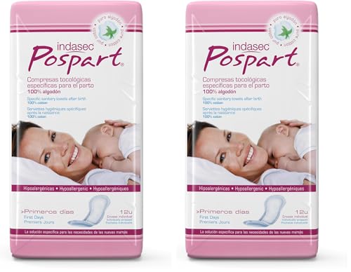 Indasec Pospart Compresas Tocológicas Algodón - 12 Unidades (Paquete de 2)
