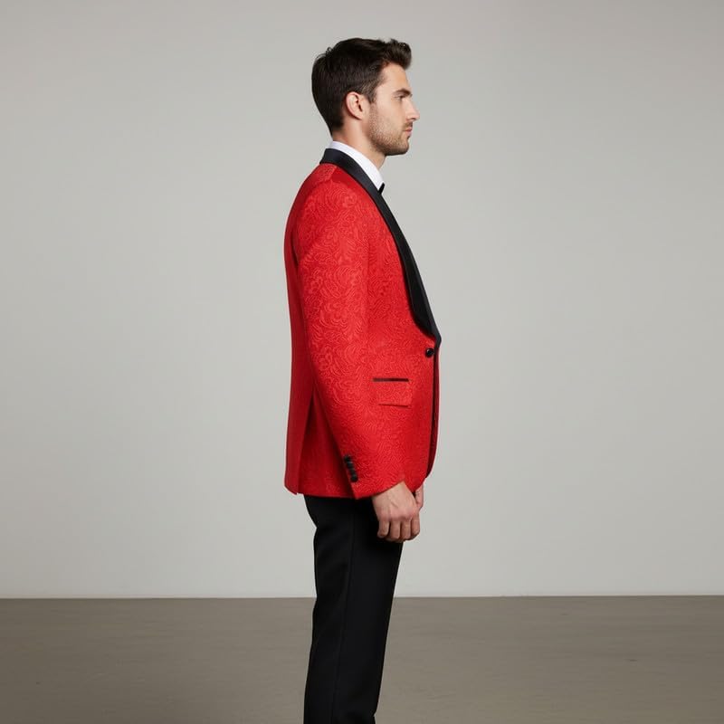 HBDesign Men's 3 Piece Tuxedo Embossed Fabric Black Satin Lapel Formal Suit for Special Events