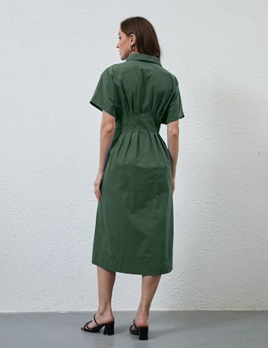 Image of MSBESYOR Women Button Front Pleated Shirt Maxi Dress Summer Striped Prints Short Sleeve Collar Casual Long Dresses