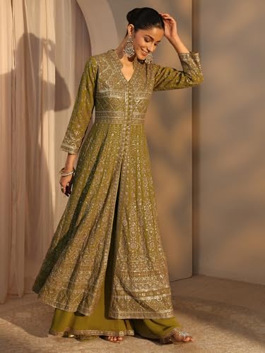 Image of Libas Art Embroidered Georgette Anarkali Kurta With Palazzos and Dupatta | ethnic wear | bridal suit | occasion wear