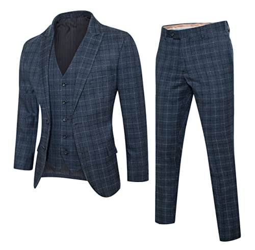 Antonio Uomo Men’s Plaid Suit Set – Slim Fit 3 Piece Blazer Jacket Vest Pants Formal Business Wedding Party Prom Dress Suits