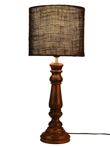 Image of Green Girgit Classic Wooden Lamp in Walnut Brown Color with Jute Black Shade, Vintage Style Table Lamp with Wooden Base, Black Fabric Shade, Traditional Design for Bedroom (LED Bulb Included)