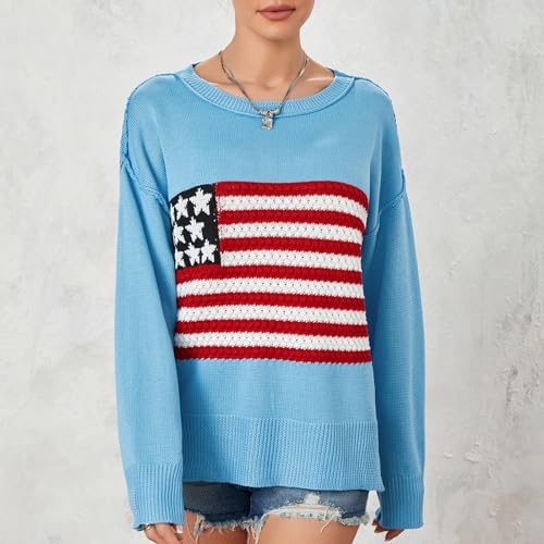 Image of Women American Flag Sweater Loose Vintage USA Sweatshirt Long Sleeve Crewneck Hollow Out 4th of July Jumper