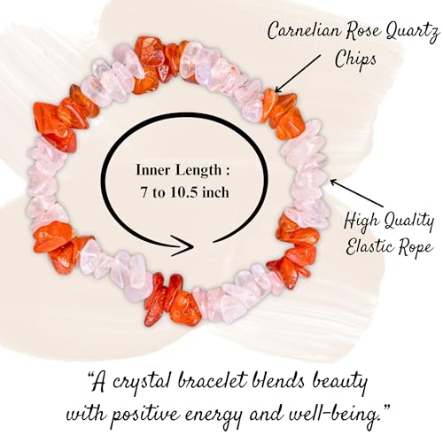 Image of Certified Rose Quartz - Carnelian Bracelet for Women Men with Healing Crystal and Reiki Stone - Beautiful Gemstone Beaded Bracelet for Balance, Harmony & Positive Energy (Chips Stone Beads)