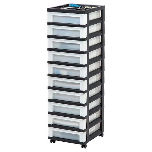 IRIS USA Plastic Drawer Storage Organizer Rolling Cart, with Wheels Casters, 10-Drawers, for Classroom Art Craft Supplies Dresser Closet Bathroom Laundry Room, Black/Pearl