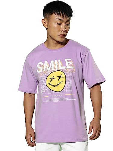 Image of Veirdo Men's Pure Cotton Oversize Baggy Fit Half Sleeves Back Abstract Graphic Typography Printed Royal Blue T-Shirt