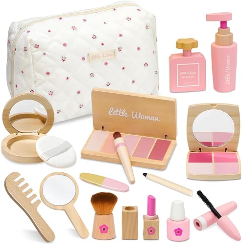Faux Maquillage Enfant Fille en Bois, Bacxzomx Maquillage Enfant Jouet, Jeux de Maquillage Coffret Jouet Fille Princesse Anniversaire Cadeau 3 4 5 6 Ans
