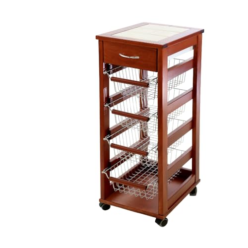 MA MAISON Carrello Salvaspazio da Cucina 83hX36x29 cm - Portafrutta, Cassetto Estraibile, Ruote, Spostamento, Cesti in Metallo Estraibili, Cucina, Casa, Dispensa - In Faggio con Piano (CILIEGIO)