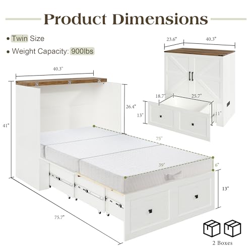 Image of LUXOAK Twin Murphy Bed with 6 inch Tri-Fold Memory Foam Mattress, Storage Drawer & Charging Station, Space-Saving Design for Home Office or Guest Room, White
