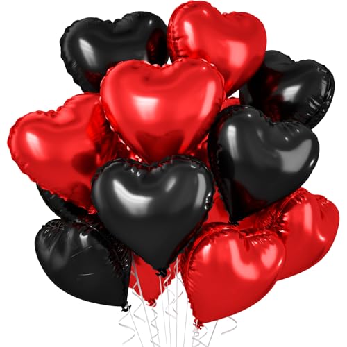 Image of Red Black Heart Balloons, 10 Pcs Metallic Heart Shaped Balloon, 18 Inch Red and Black Foil Balloons Helium for Engagement Brithday Bridal Baby Shower Wedding Engagement Valentines Party Decorations