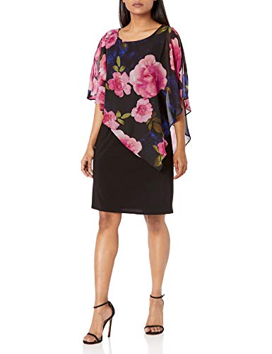 S.L. Fashions Women's Sleeveless Printed Asymmetric Chiffon Overlay Dress, Black Multi Floral Petite, 12P