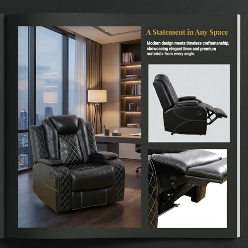 Image of Power Recliner Chair, Breathable Leather Recliners with USB Charging Port, Electric Recliner Sofa with Adjustable Backrest, Padded Armrest for Home Theater, Living Room, Office, Black