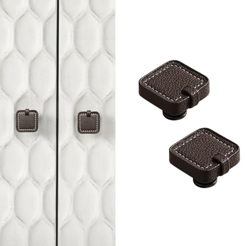 Image of 2 Pack Leather Cabinet Knobs Hand-Stitch Dark Brown Square Leather Drawer Pulls for Cabinets Cupboard Dressers Drawers Bedroom