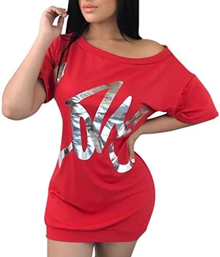 Women's Mini Dress, Sexy Off Shoulder Love Letter Print Casual Short Sleeve Bodycon Dresses Tunic Tops (XL, Red)