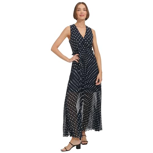 Tommy Hilfiger Damen Sleeveless V-Neck Chiffon Pleated Maxi Dress Kleid, Sky Captain/Elfenbein, 34
