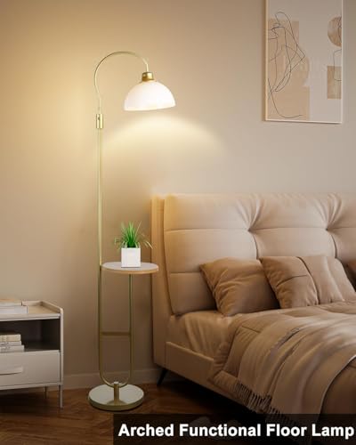 Image of Lightdot 68IN Floor Lamp with Table, Mid Century Modern Standing Lamps Storage Shelf Floor Lamps with Bulbs Included, Gold Pole End Table with White Acrylic Lampshade for Living Room, Bedroom, Office