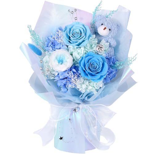 Image of Preserved Flowers Bouquet with Bear, Real Forever Flowers for Delivery, Long-Lasting Blue Eteranl Roses Bouquet, Anniversary Birthday Gifts for Women Mom Her Girlfriend Wife