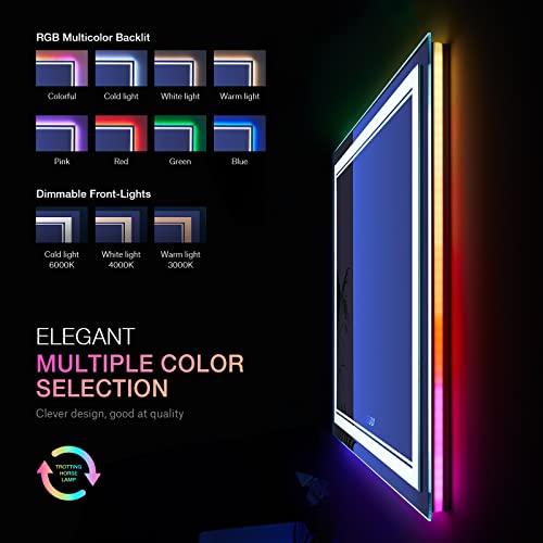 36x36 inch Lighted Bathroom Mirror for Wall,Front Lighted and RGB Backlit LED Bathroom Mirror with Lights,Tempered Glass/Dimmable/Anti-Fog/Square Mirror