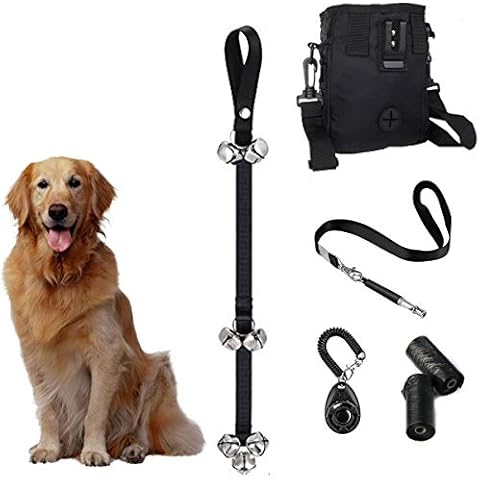 ECOSCO Pet DogTraining Essentials Kit Potty House Train Doorbells, Treat Pouch W/Waste Bag Dispenser, Pet Training Clicker Whistle W/Strap (Black) Cover