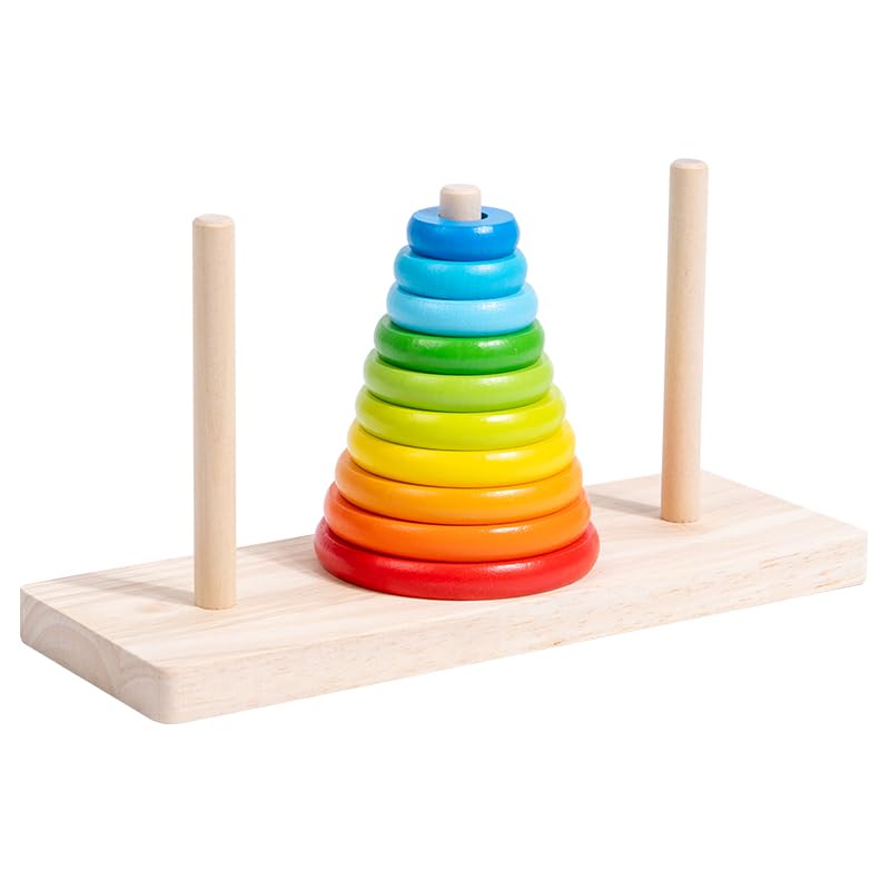 EduLand Montessori Practical Life/Sensorial/Math Wooden Building Towers of Hanoi (10 Rings) Rainbow Stacking Tower Blocks STEM Logical Game Travel Toy Family Game Column Blocks Kids 3+ Years Gift