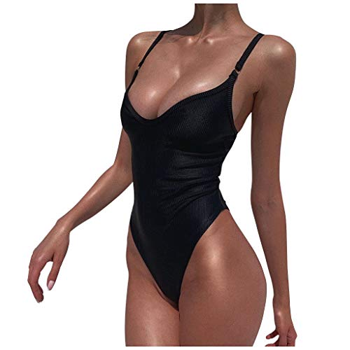 Maillot De Bain Femme 1 Pieces Sexy échancré String Harnais Maillot De Bain Femmes 1 Pieces Armature Bustier Monokini Dos Nu Uni Push Up (L, Noir) Cover