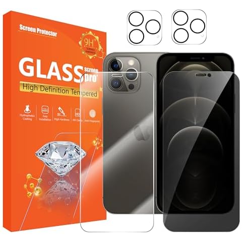 seninhi [1+1+2Pack for iPhone 12 Pro 6.1inch Transparent Screen Protector 1Pack + Privacy Screen Protector 1Pack + Camera Lens Protector 2Pack, Tempered Glass Cover
