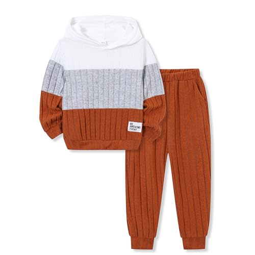 Image of 5-11Y Boys Clothes Long Sleeve Hooded Pullover Colorblock Sweatshirt + Pants 2pcs Fall Winter Outfit Set