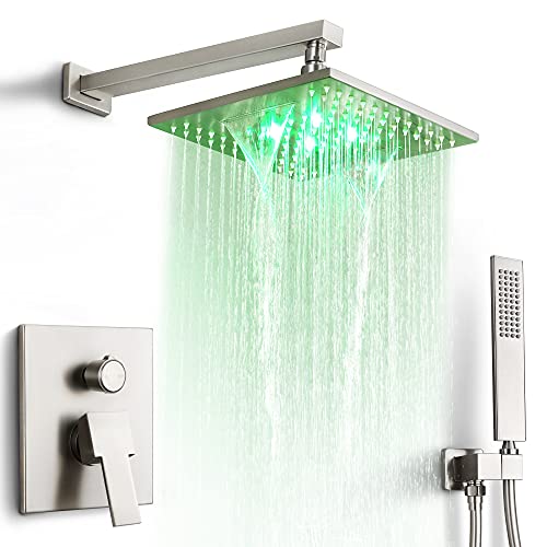 SKOWLL Shower Faucet System Wall Mount Rain Shower Faucet Set with 10 Inch Waterfall Shower Head LED Color Change Mixer Shower Faucet Kit, Brushed Nickel