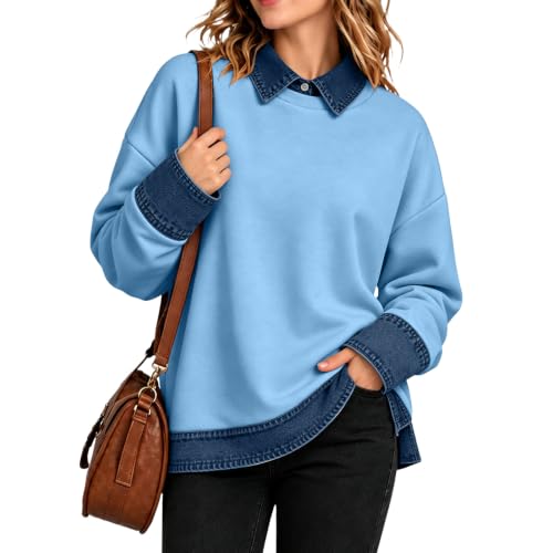 Polo Shirts for Women Denim Patchwork Button Collared Long Sleeve Top - image 4