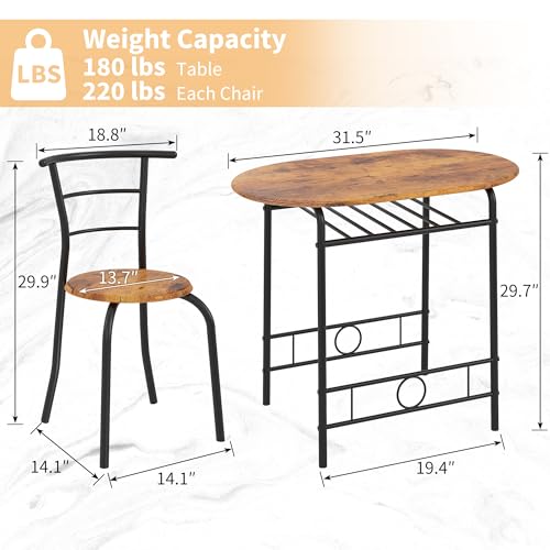 Image of VECELO 3-Piece Dining Table Set for Kitchen Breakfast Nook, Wood Grain Oval Tabletop and Metal Frame with Built-in Wine Rack, for Small Spaces, Antique Brown & Black
