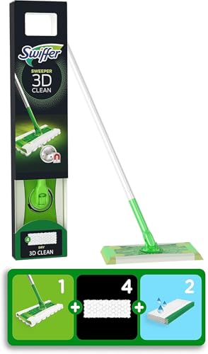 Swiffer Balai Attrape-Poussière 3D Clean Kit de Démarrage (1 Balai, 4 Lingettes Sèches, 2 Lingettes Humides), Attrape Et Retient 3x Plus de Poussière qu'un...