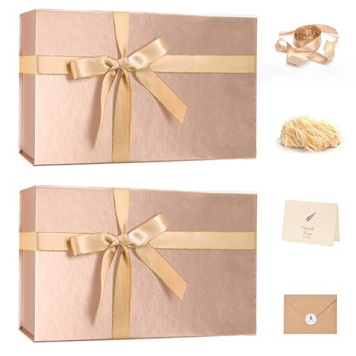 Image of LIFELUM Rose Gold Gift Box with Magnetic Lids for Presents, 14 inchx8.5 inchx4.5 inch | with Ribbon, Greeting Card & Filler for Bridal, Wedding, Birthday & Mother's Day, 2 Pack