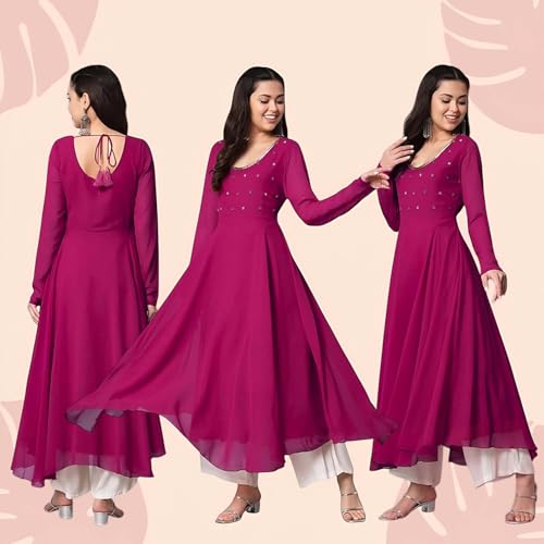 Image of PH POSHAKHUB Georgette Regular Fit Hand Embroidery Anarkali Kurta Set for Women, Yoke Anarkali Kurta for Woman, Ankle Length Anarkali Suit for Women, Full Sleeve Kurti, Dress for Woman