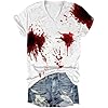 2025 Halloween Costume Casual T-Shirt for Women with V-Neck and Short Sleeves, Halloween, Bloody and Terrible with Blood Stain Print, Brick Red, 4XL #1
