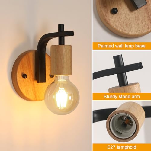 Pheashine Wall Lights Indoor 2 Pack, Vintage Wood Wall Sconces Lights, E27 Industrial Black Wall Lamp for Hallway Living Room - Image 3