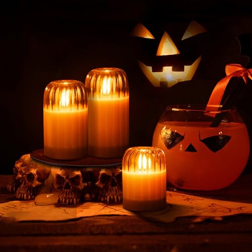 Image of Amber Ribbed Battery Candles - Glass Flameless Candles with Remote Timer, Orange LED Candles with Pumpkin Shape, Lasting 350 Hrs and Brightness Adjustment, Φ 3 inch H 4 inch 6 inch, Set of 3 for Halloween Decor