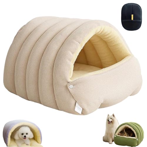 XKrmp Cozy Cocoon Dog Bed & Cat Bed Cave - Plush Hooded Pet Bed with Anti-Slip Bottom, Washable Dog Bed for Calming Indoor Cats and Small Breeds (White,L)