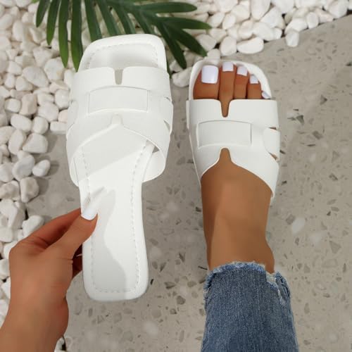 Image of Women's Dressy Casual Flat Sandals, Elegant Comfortable Slip-On Slides with Textured Upper, Versatile Dressy Style for Everyday Wear